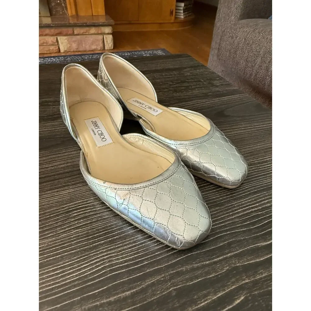 Jimmy Choo Marisa Silver Metallic Quilted Leather D’Orsay Flats Sz. 36.5 - Picture 6 of 8